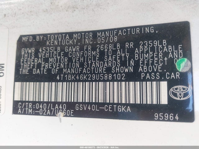 2009 Toyota Camry Xle მანქანა იყიდება აუქციონზე, vin: 4T1BK46K29U588102, აუქციონის ნომერი: 46198373