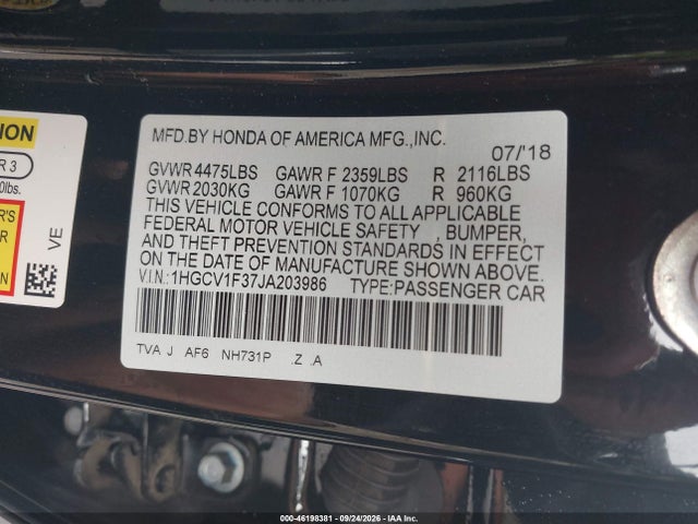 2018 Honda Accord Sport მანქანა იყიდება აუქციონზე, vin: 1HGCV1F37JA203986, აუქციონის ნომერი: 46198381