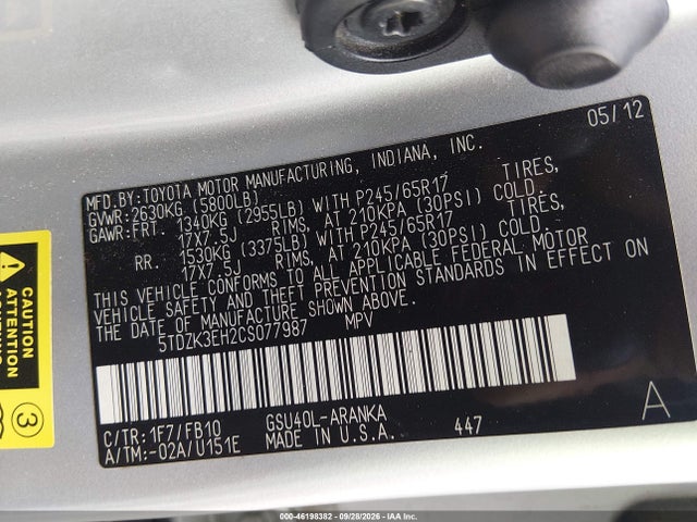 Aukcja sprzedaży 2012 Toyota Highlander, vin: 5TDZK3EH2CS077987, numer aukcji: 46198382