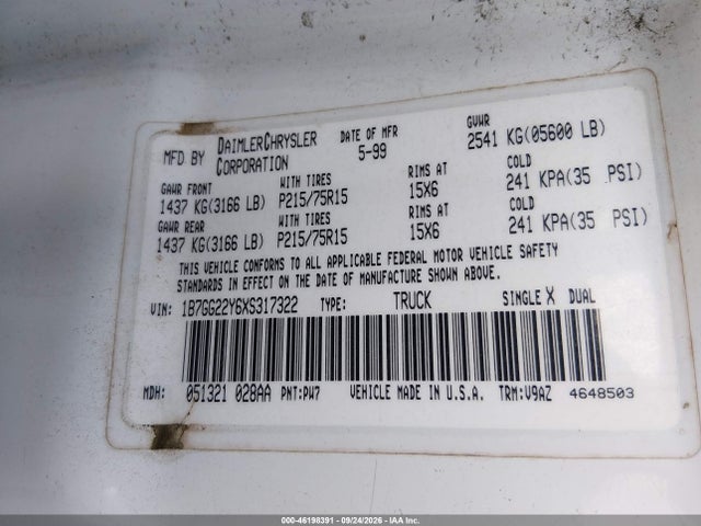 46198391 :رقم المزاد ، 1B7GG22Y6XS317322 vin ، 1999 Dodge Dakota Slt/sport مزاد بيع