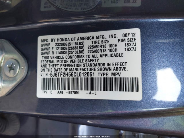 Aukcja sprzedaży 2012 Honda Crosstour Ex-l, vin: 5J6TF2H56CL012061, numer aukcji: 46198402