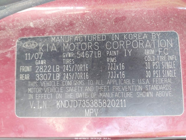 Aukcja sprzedaży 2008 Kia Sorento Lx, vin: KNDJD735385820211, numer aukcji: 46198418