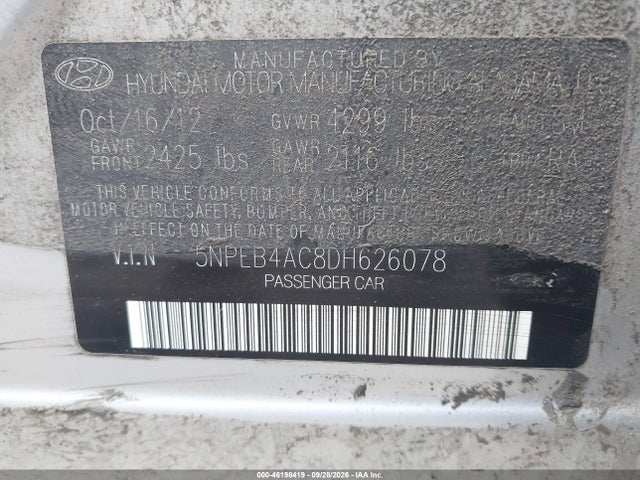 Продажа на аукционе авто 2013 Hyundai Sonata Gls Pzev, vin: 5NPEB4AC8DH626078, номер лота: 46198419