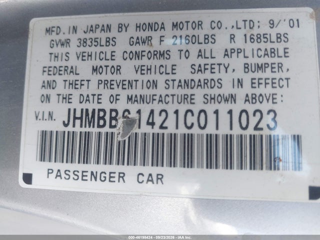 Aukcja sprzedaży 2001 Honda Prelude, vin: JHMBB61421C011023, numer aukcji: 46198424