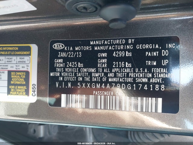 2013 Kia Optima Lx მანქანა იყიდება აუქციონზე, vin: 5XXGM4A79DG174188, აუქციონის ნომერი: 46198438