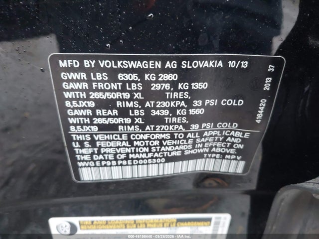 2014 Volkswagen Touareg Lux მანქანა იყიდება აუქციონზე, vin: WVGEP9BP8ED005300, აუქციონის ნომერი: 46198440