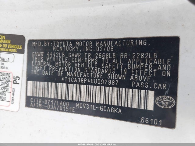 Aukcja sprzedaży 2006 Toyota Camry Solara Sle V6, vin: 4T1CA38P46U097987, numer aukcji: 46198451