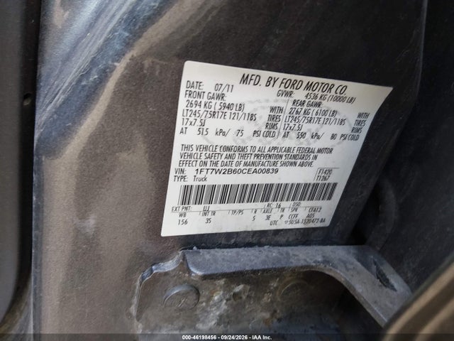 46198456 :رقم المزاد ، 1FT7W2B60CEA00839 vin ، 2012 Ford F-250 Xlt مزاد بيع