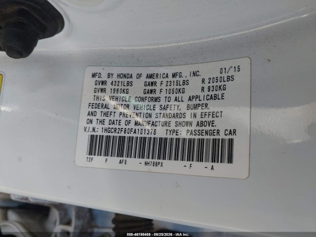 Продаж на аукціоні авто 2015 Honda Accord Ex-l, vin: 1HGCR2F80FA101376, номер лоту: 46198469