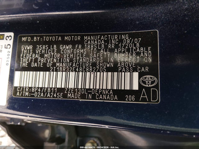 Продажа на аукционе авто 2008 Toyota Corolla Le, vin: 2T1BR32E48C882705, номер лота: 46198478