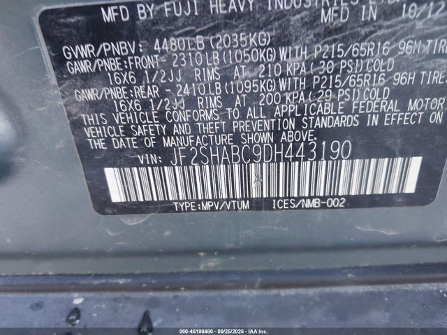 2013 Subaru Forester 2.5x მანქანა იყიდება აუქციონზე, vin: JF2SHABC9DH443190, აუქციონის ნომერი: 46198480
