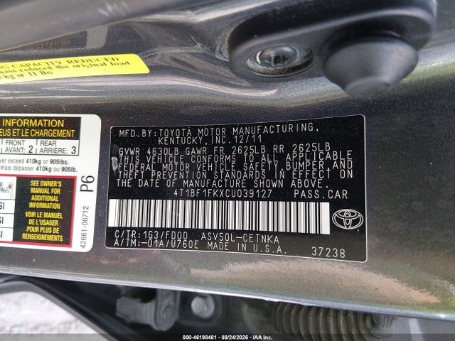 Продажа на аукционе авто 2012 Toyota Camry Le, vin: 4T1BF1FKXCU039127, номер лота: 46198481