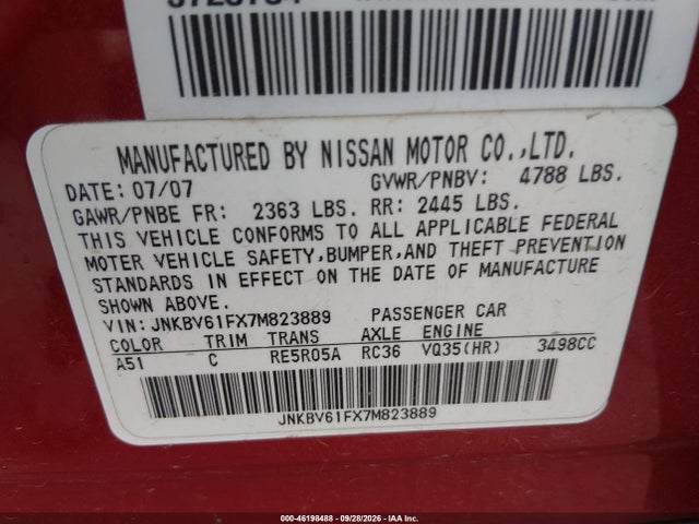 Продажа на аукционе авто 2007 Infiniti G35 G35x, vin: JNKBV61FX7M823889, номер лота: 46198488