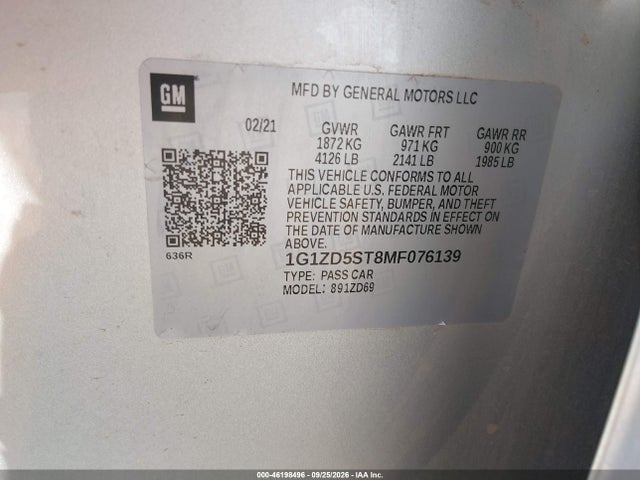 Продажа на аукционе авто 2021 Chevrolet Malibu Fwd Lt, vin: 1G1ZD5ST8MF076139, номер лота: 46198496