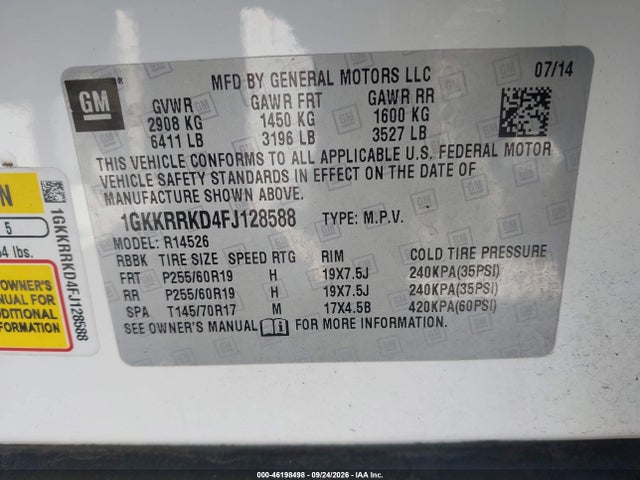 Продаж на аукціоні авто 2015 Gmc Acadia Slt-1, vin: 1GKKRRKD4FJ128588, номер лоту: 46198498