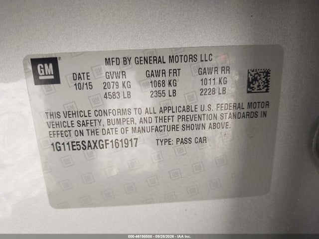 46198500 :رقم المزاد ، 1G11E5SAXGF161917 vin ، 2016 Chevrolet Malibu Limited Ltz مزاد بيع