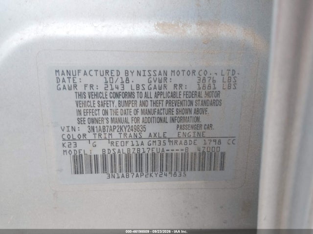 Nissan SENTRA S 2019 3N1AB7AP2KY249835 Image 9