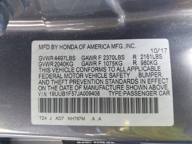 Aukcja sprzedaży 2018 Acura Tlx Tech Pkg, vin: 19UUB1F57JA009408, numer aukcji: 46198512