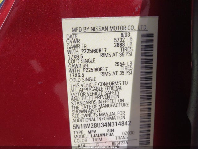 2004 Nissan Quest 3.5 Se მანქანა იყიდება აუქციონზე, vin: 5N1BV28U34N314842, აუქციონის ნომერი: 46198529