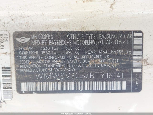 2011 Mini Cooper S მანქანა იყიდება აუქციონზე, vin: WMWSV3C57BTY16141, აუქციონის ნომერი: 46198530