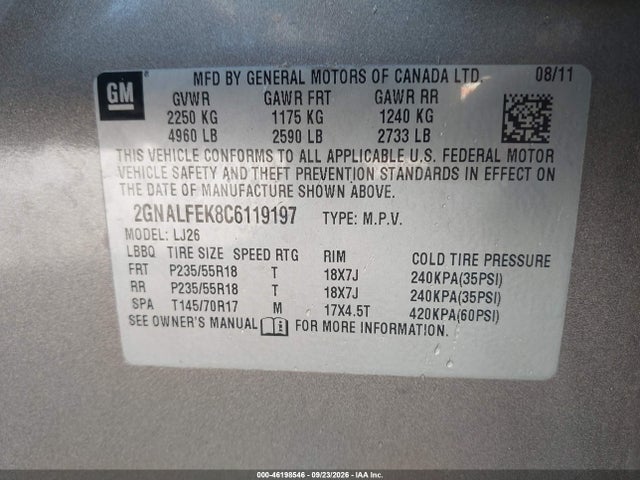 Aukcja sprzedaży 2012 Chevrolet Equinox Ltz, vin: 2GNALFEK8C6119197, numer aukcji: 46198546