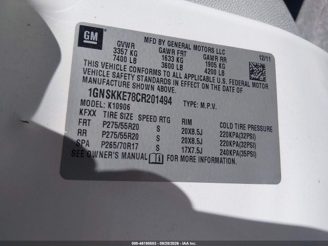 Aukcja sprzedaży 2012 Chevrolet Suburban 1500 Ltz, vin: 1GNSKKE78CR201494, numer aukcji: 46198553