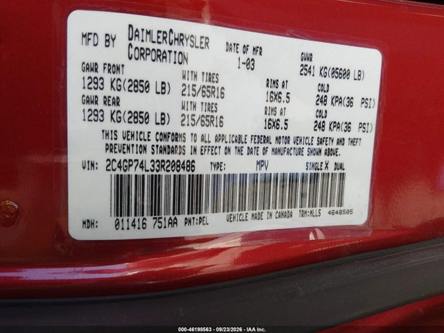 Aukcja sprzedaży 2003 Chrysler Town & Country Ex, vin: 2C4GP74L33R208486, numer aukcji: 46198563