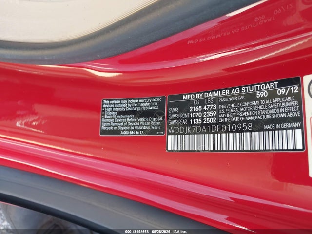 46198568 :رقم المزاد ، WDDJK7DA1DF010958 vin ، 2013 Mercedes-benz Sl 550 مزاد بيع