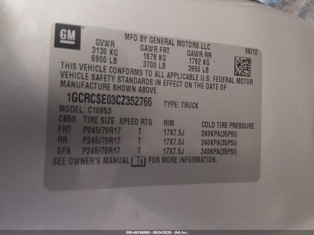 Продажа на аукционе авто 2012 Chevrolet Silverado 1500 Lt, vin: 1GCRCSE03CZ352766, номер лота: 46198569