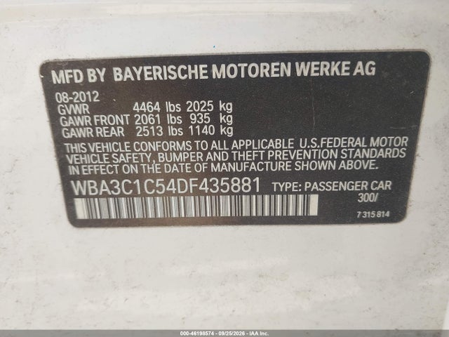 46198574 :رقم المزاد ، WBA3C1C54DF435881 vin ، 2013 Bmw 3 Series 328i مزاد بيع