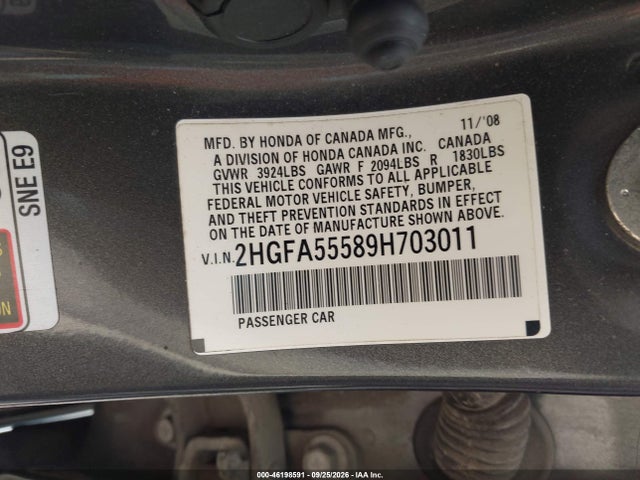 Aukcja sprzedaży 2009 Honda Civic Si, vin: 2HGFA55589H703011, numer aukcji: 46198591