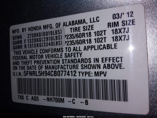 Aukcja sprzedaży 2012 Honda Odyssey Touring/touring Elite, vin: 5FNRL5H94CB077412, numer aukcji: 46198593