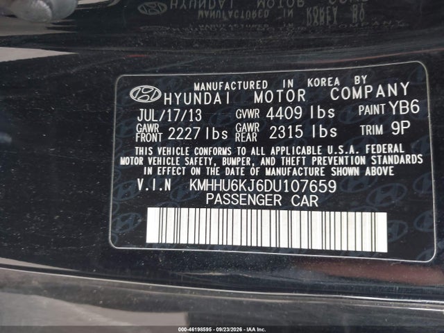 2013 Hyundai Genesis 3.8 Track მანქანა იყიდება აუქციონზე, vin: KMHHU6KJ6DU107659, აუქციონის ნომერი: 46198595