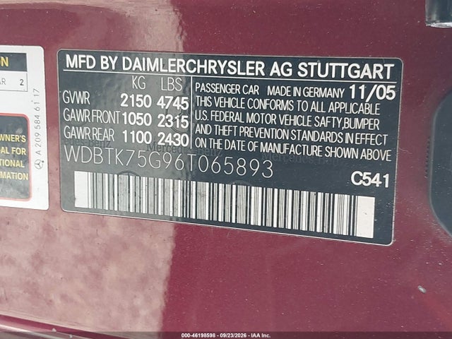 Aukcja sprzedaży 2006 Mercedes-benz Clk 500, vin: WDBTK75G96T065893, numer aukcji: 46198598