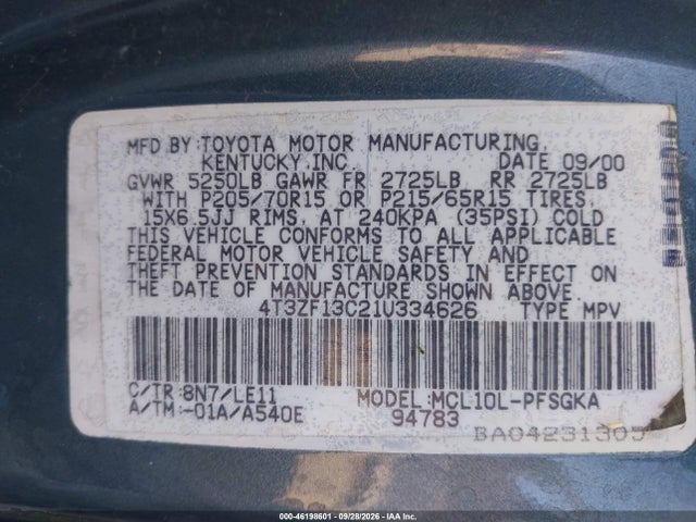 2001 Toyota Sienna Xle მანქანა იყიდება აუქციონზე, vin: 4T3ZF13C21U334626, აუქციონის ნომერი: 46198601