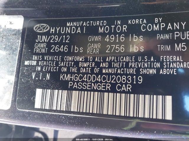 46198611 :رقم المزاد ، KMHGC4DD4CU208319 vin ، 2012 Hyundai Genesis 3.8 مزاد بيع