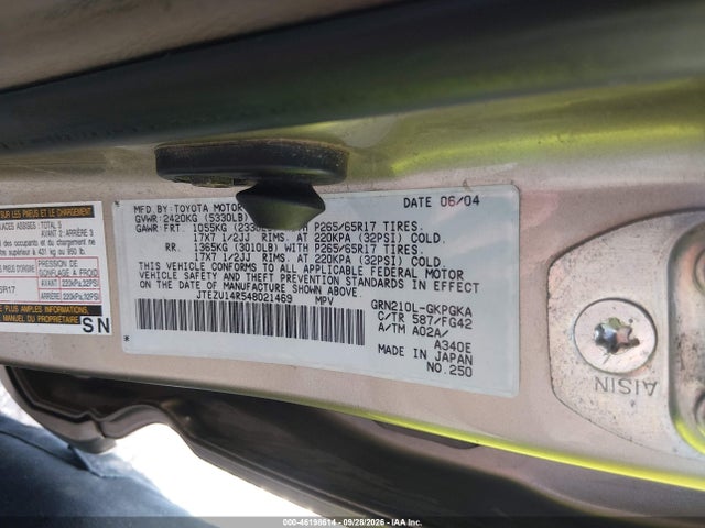 2004 Toyota 4runner Sr5 V6 მანქანა იყიდება აუქციონზე, vin: JTEZU14R548021469, აუქციონის ნომერი: 46198614
