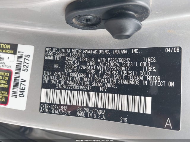46198619 :رقم المزاد ، 5TDZK22CX8S195747 vin ، 2008 Toyota Sienna Xle/xle Limited مزاد بيع