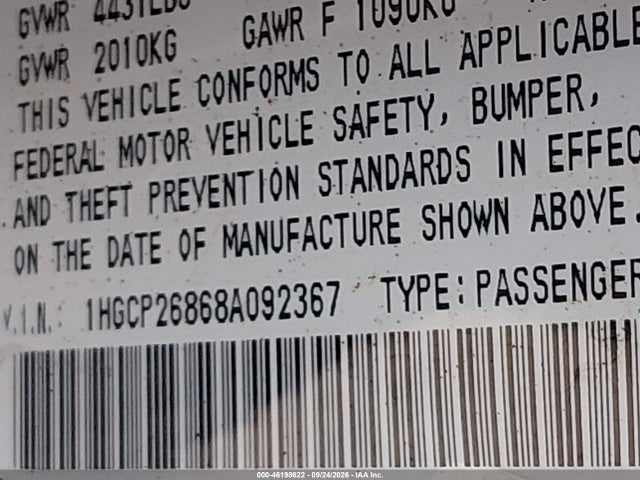 Продаж на аукціоні авто 2008 Honda Accord 2.4 Ex-l, vin: 1HGCP26868A092367, номер лоту: 46198622