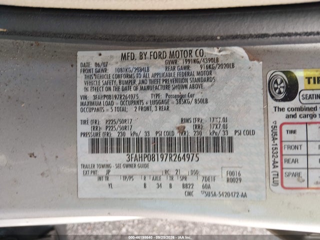 Aukcja sprzedaży 2007 Ford Fusion Sel, vin: 3FAHP08197R264975, numer aukcji: 46198640