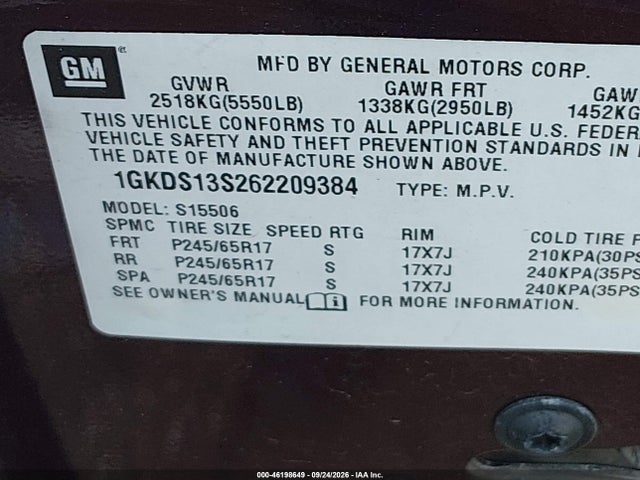 2006 Gmc Envoy Sle მანქანა იყიდება აუქციონზე, vin: 1GKDS13S262209384, აუქციონის ნომერი: 46198649