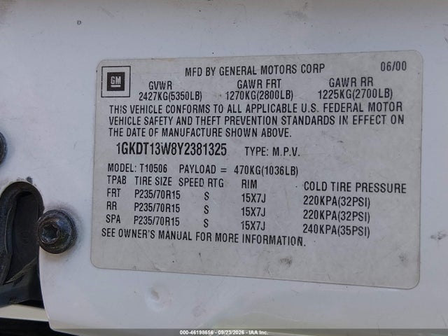 Aukcja sprzedaży 2000 Gmc Jimmy Slt Luxury, vin: 1GKDT13W8Y2381325, numer aukcji: 46198656