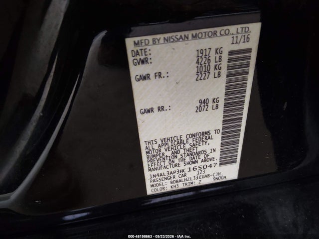 46198663 :رقم المزاد ، 1N4AL3AP3HC165047 vin ، 2017 Nissan Altima 2.5 Sr مزاد بيع