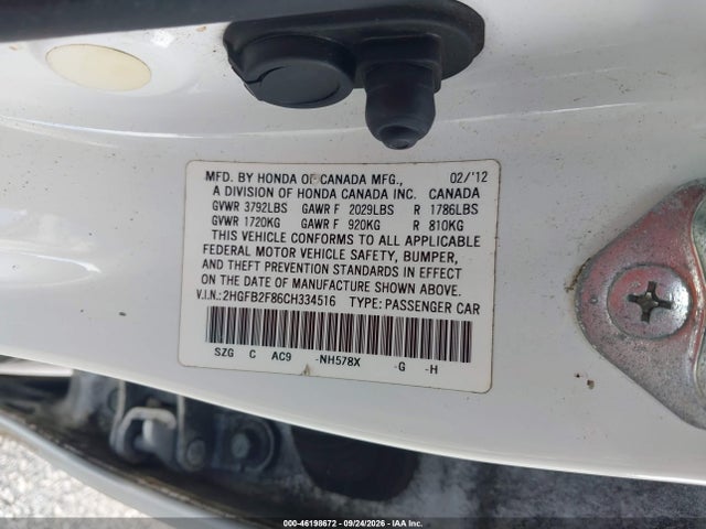 46198672 :رقم المزاد ، 2HGFB2F86CH334516 vin ، 2012 Honda Civic Sdn Ex مزاد بيع