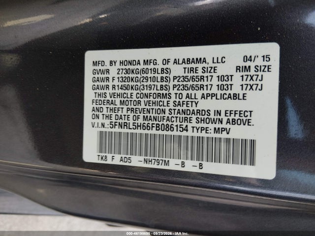 2015 Honda Odyssey Ex-l მანქანა იყიდება აუქციონზე, vin: 5FNRL5H66FB086154, აუქციონის ნომერი: 46198695