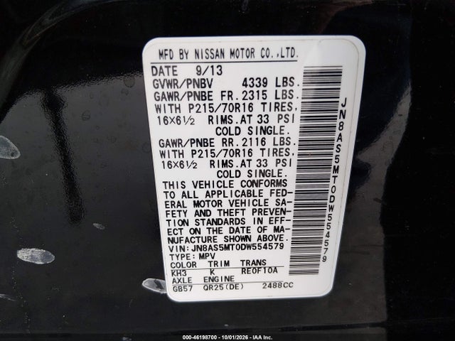 Auction sale of the 2013 Nissan Rogue S, vin: JN8AS5MT0DW554579, lot number: 46198700