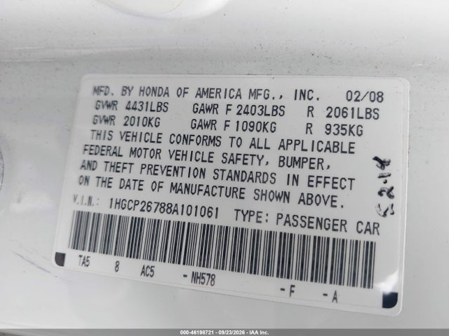 Aukcja sprzedaży 2008 Honda Accord 2.4 Ex, vin: 1HGCP26788A101061, numer aukcji: 46198721