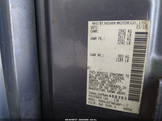 2010 Nissan Altima 2.5 S მანქანა იყიდება აუქციონზე, vin: 1N4AL2AP9AN488393, აუქციონის ნომერი: 46198727