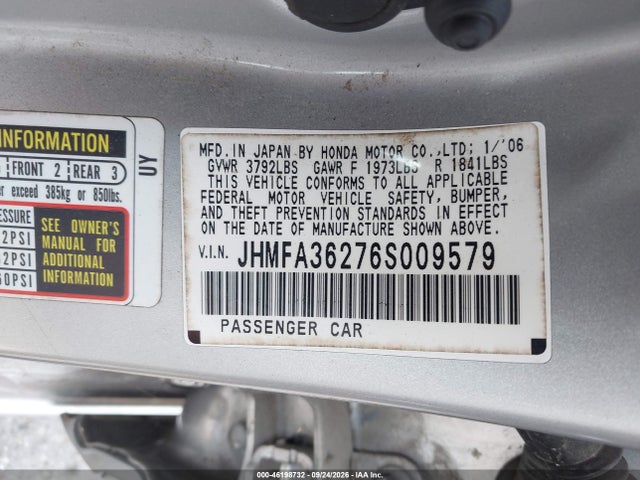 Aukcja sprzedaży 2006 Honda Civic Hybrid, vin: JHMFA36276S009579, numer aukcji: 46198732