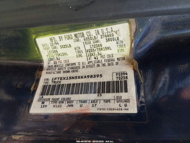 Aukcja sprzedaży 1995 Ford F150, vin: 1FTEX15N5SKA98395, numer aukcji: 46198749